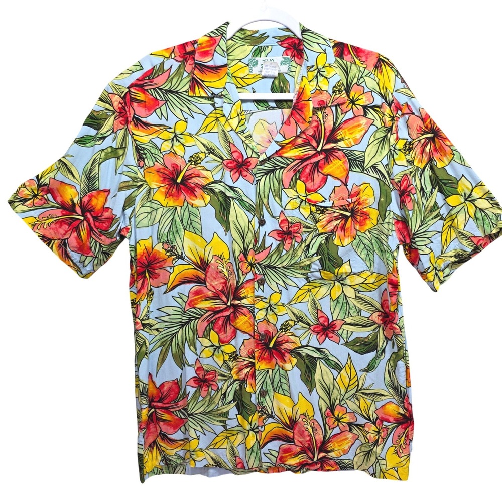 Two Palms Mens Hawaiian Aloha Shirt Medium Blue Red Hibiscus Floral Rayon Hawaii